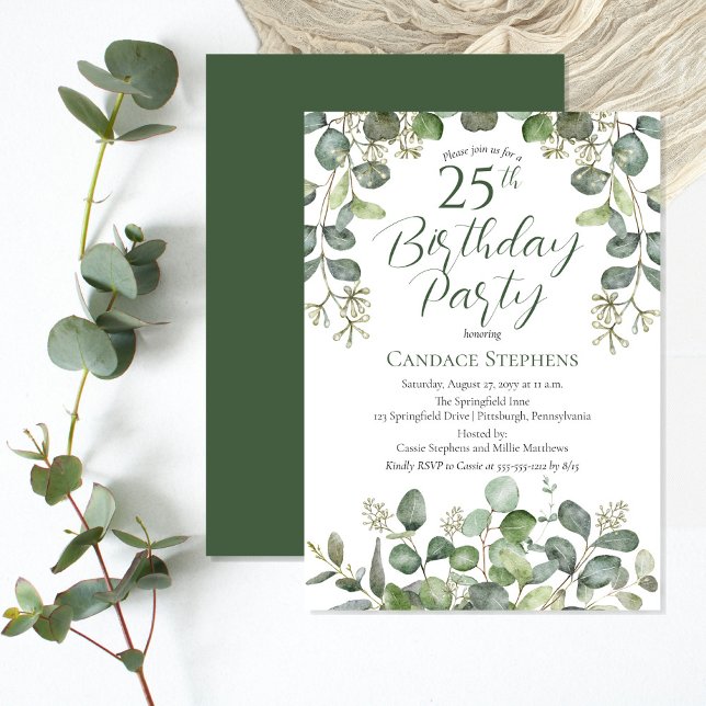 Forest Green Seeded Eucalyptus 25th Birthday Party Invitation (Understated elegance Forest | Sage Green Seeded Eucalyptus "25th Birthday Party" Boho Chic design.)