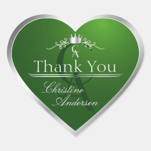 Forest Green Silver Frame and Monogram Thank You Heart Sticker