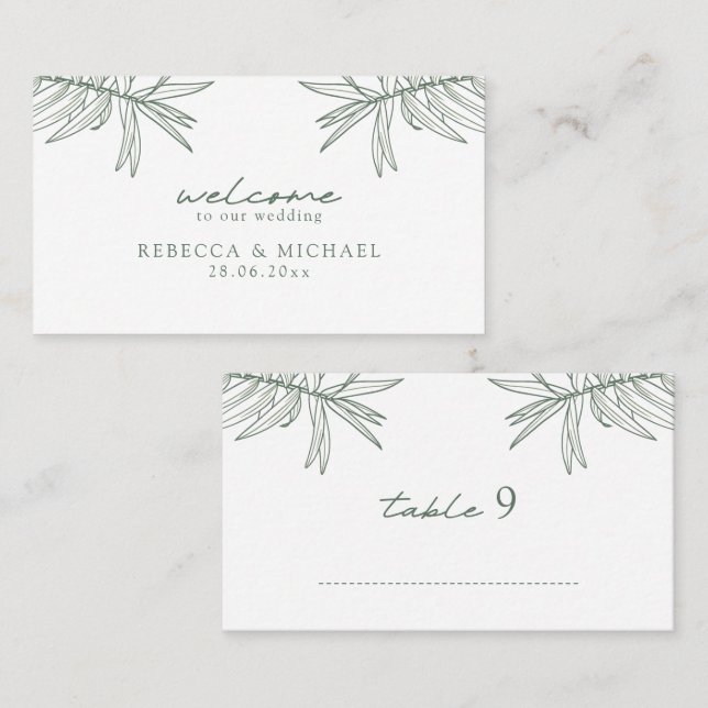Forest Green Simple Hand Drawn Botanical Flat Place Card (Front/Back)