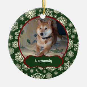 Forest Green Snowflakes Personalised Photo Round Ceramic Tree Decoration