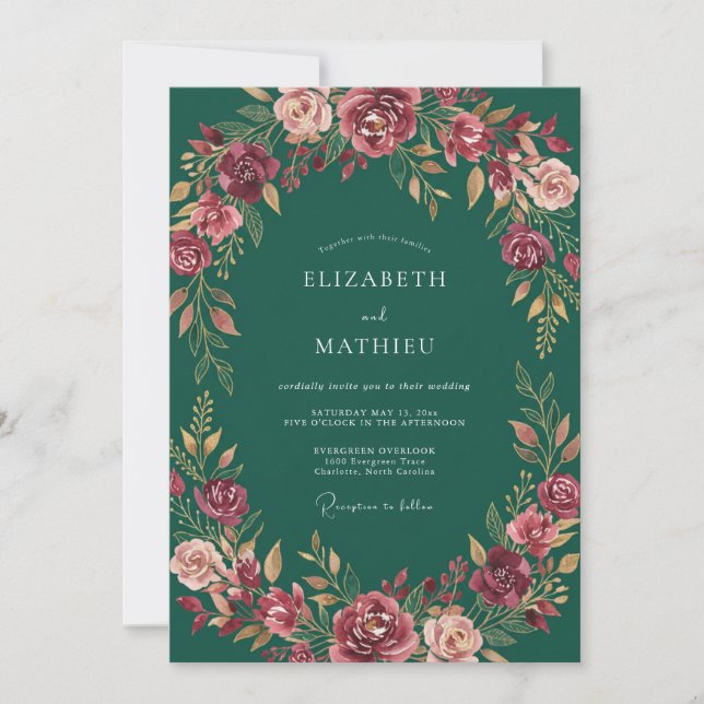 Forest Green Stately Blossom Wedding Invitation (Front)