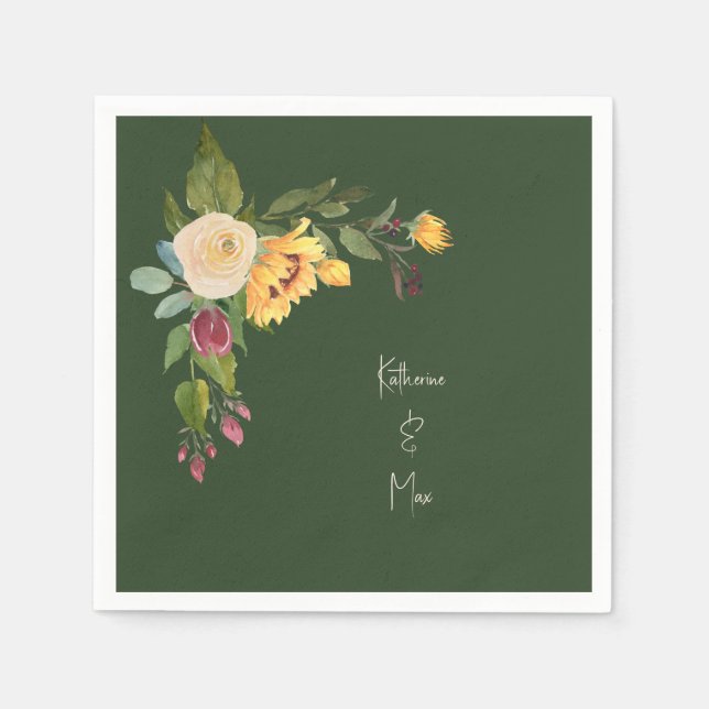Forest Green Sunflower Wedding Cocktail Napkin (Front)
