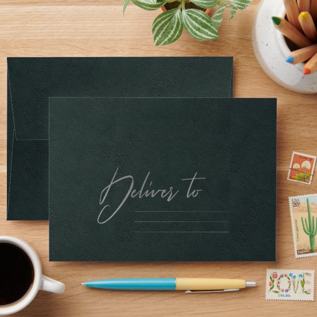 Forest Green Velvet Silver Blue Floral Address Envelope (Desk)