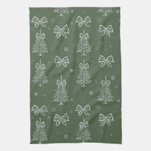 Forest Green Vintage Evergreen Winter Pattern Tea Towel