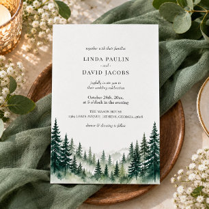 Forest Green Watercolor Pine Trees Rustic Wedding Invitation