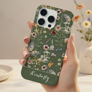Forest Green Watercolor Wildflowers Pattern Name  iPhone 15 Pro Case
