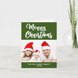 Forest Green White Family Photo Merry Christmas Holiday Card