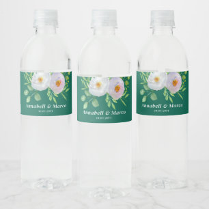 Forest Green White Floral Water Bottle Label