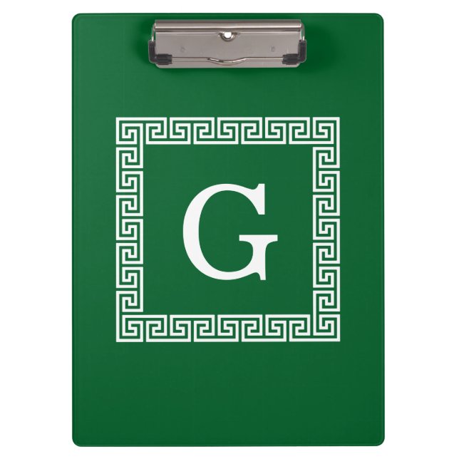 Forest Green, White Greek Key #1 Framed Monogram Clipboard (Front)