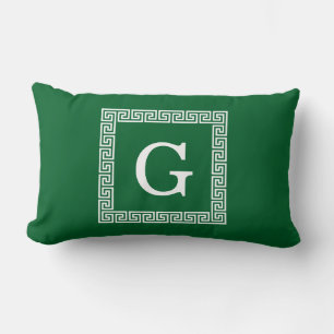 Forest Green, White Greek Key #1 Framed Monogram Lumbar Cushion
