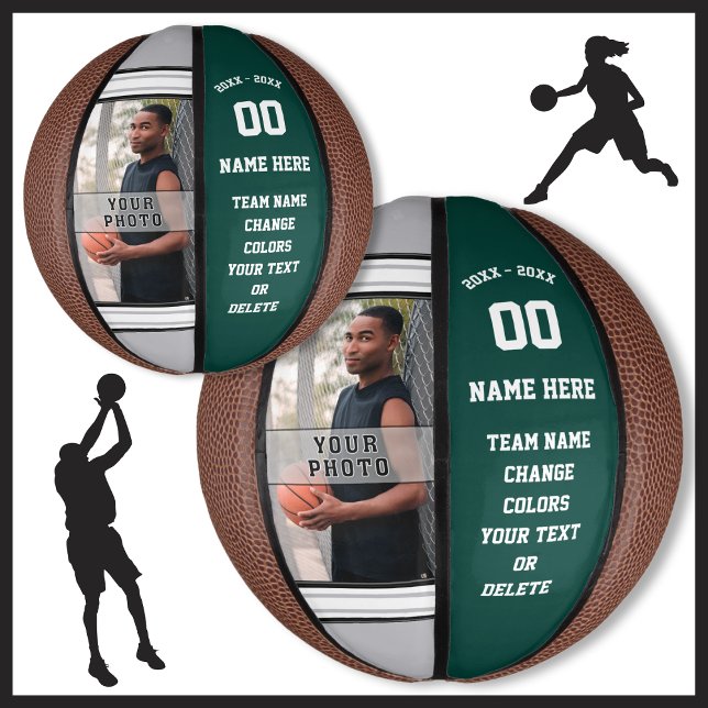 Forest Green, White, Grey Mini Basketball Ball (Personalised mini basketball. Senior night basketball gifts. Custom, Photo Basketball. Custom Mini.)