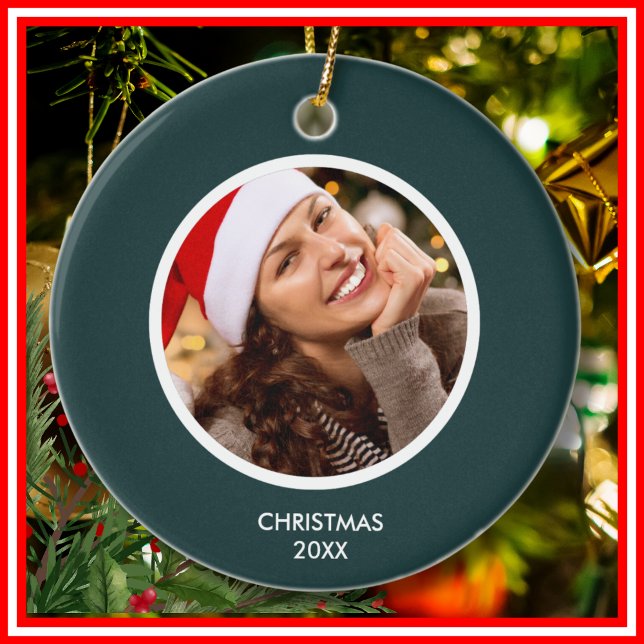 Forest Green White Modern Initials Monogram PHOTO Ceramic Ornament (Creator Uploaded)