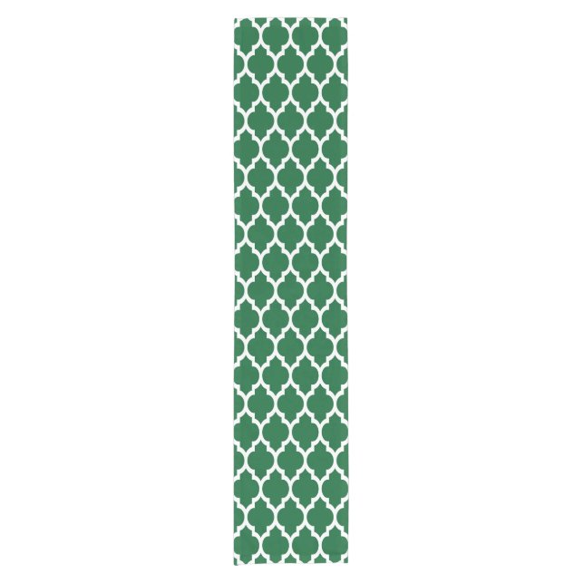 Forest Green, White Moroccan Quatrefoil Pattern #4 Short Table Runner (Front)
