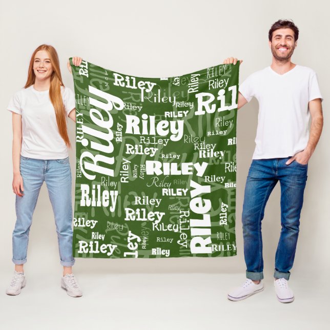 Forest Green & White Name Pattern Personalised Fleece Blanket (In Situ)