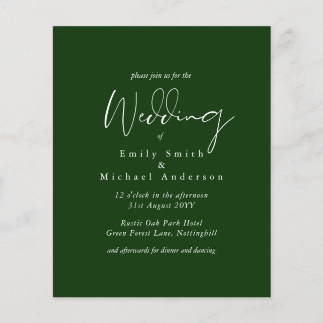 Forest Green White Script  Budget Wedding (Front)
