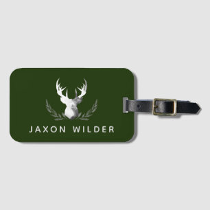 Forest Green White Stag Antlers Smoky Watercolor Luggage Tag
