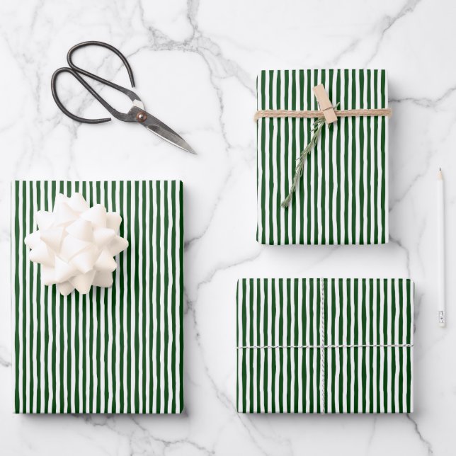 Forest Green & White Wonky Stripes Wrapping Paper Sheet (Front)