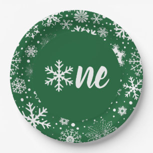 Forest Green Winter First Birthday Snowflake One  Paper Plate
