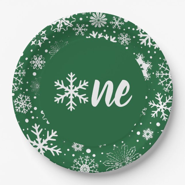 Forest Green Winter First Birthday Snowflake One  Paper Plate (Front)