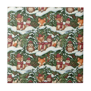 Forest Green Winter Woodland Friends Pattern Ceramic Tile