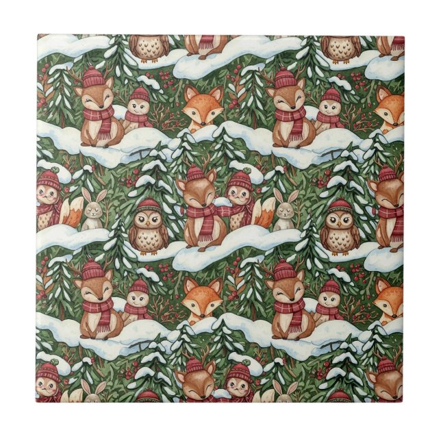 Forest Green Winter Woodland Friends Pattern Ceramic Tile (Front)