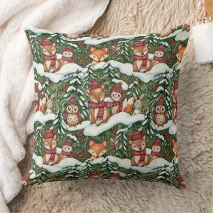 Forest Green Winter Woodland Friends Pattern Cushion