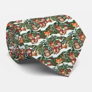 Forest Green Winter Woodland Friends Pattern Tie