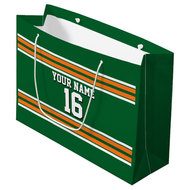 Forest Green with Orange White Stripes Team Jersey Large Gift Bag (Front Angled)