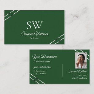 Forest Green with Silver Lines Monogram and Photo Business Card