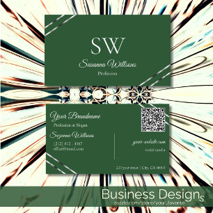 Forest Green with Silver Lines Monogram QR Code Business Card