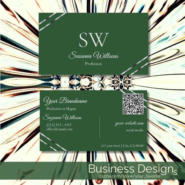 Forest Green with Silver Lines Monogram QR Code Business Card (Creator Uploaded)