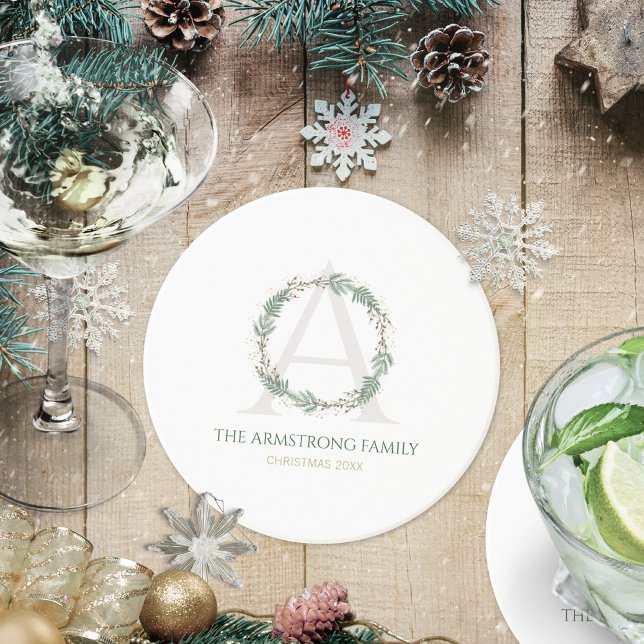 Forest Green Wreath Monogram Drinkware Accent Set Coaster (Forest Green Wreath Monogram Drinkware Accent Set Coaster  ©Susanne Sachers - Sunny Mind 🌞)