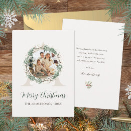 Forest Green Wreath Monogram Photo Christmas Holiday Card
