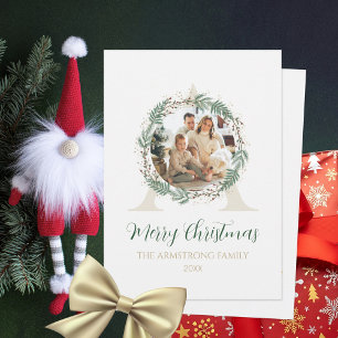 Forest Green Wreath Photo Monogram Christmas Holiday Card