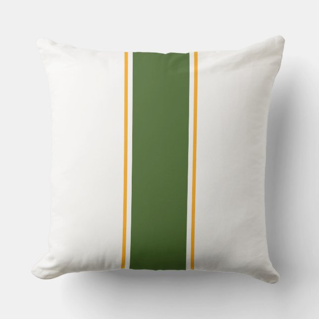Forest Green Yellow Orange Racing Stripes On White Cushion (Front)