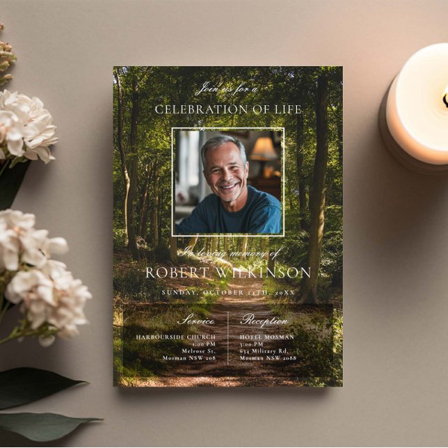 Forest greenery celebration of life Funeral Photo Invitation (Creator Uploaded)