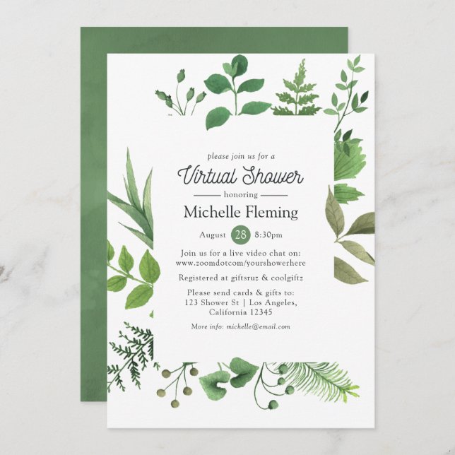 Forest Greenery Virtual Baby or Bridal Shower Invitation (Front/Back)