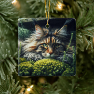 Forest Guardian Feline Ceramic Ornament