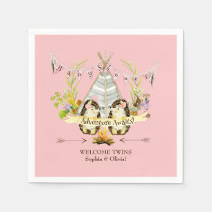 Forest Hedgehogs Twin Girls Boho Baby Shower Pink Napkin