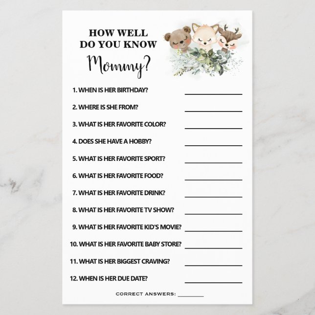 Forest How well do you know Mum Shower game card (Front)