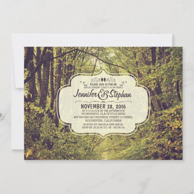 forest inspired tree avenue engagement party invitation (Front)