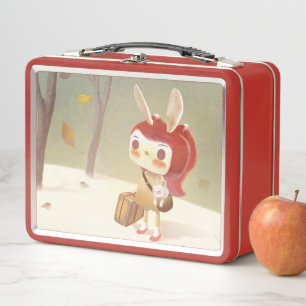 Forest Journey: Bunny Girl with Vintage Suitcase Metal Lunch Box