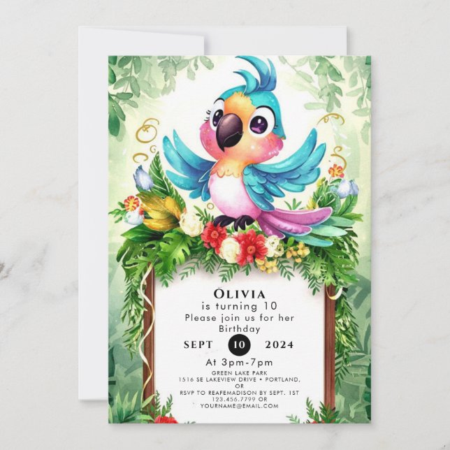 Forest Kids Parrot Birthday Invitation (Front)