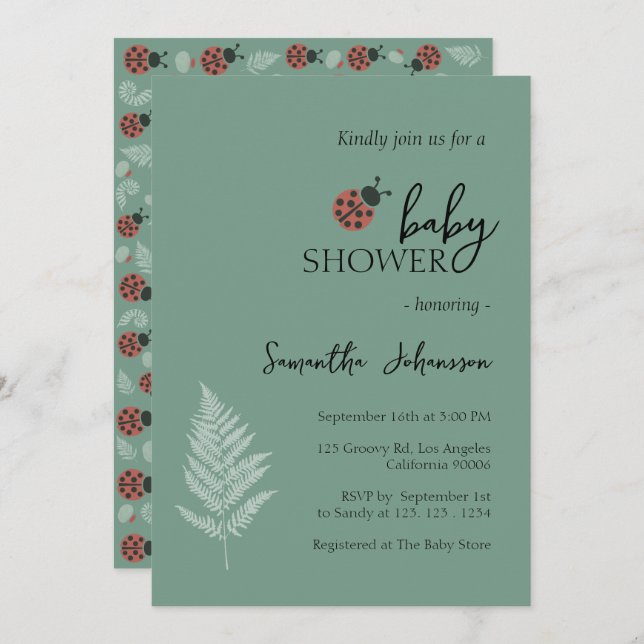 Forest Ladybugs Green Baby Shower Invitation (Front/Back)