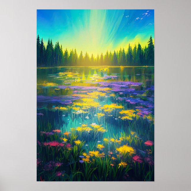 Forest Lake in the Blanket of Colourful Lilies Poster (Front)