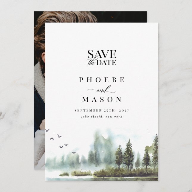 Forest Lake Woodland Wedding Photo Save the Date Invitation (Front/Back)