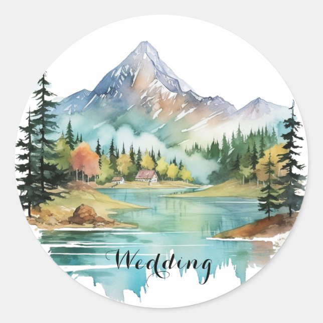 Forest Lakeside Colourful Mountain Wedding Classic Round Sticker (Front)