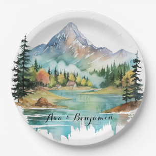 Forest Lakeside Colourful Mountain Wedding Paper Plate