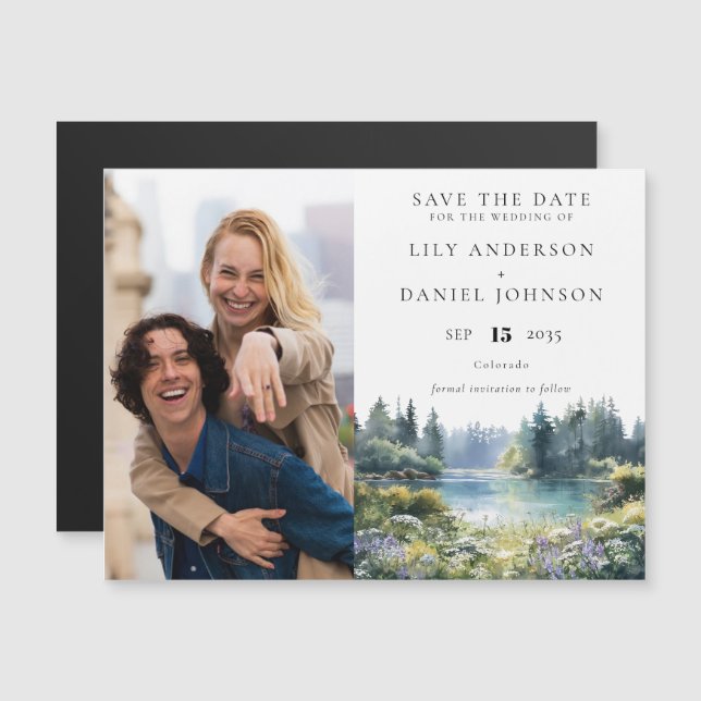 Forest Lakeside Floral Photo Wedding Save The Date Magnetic Invitation (Front/Back)
