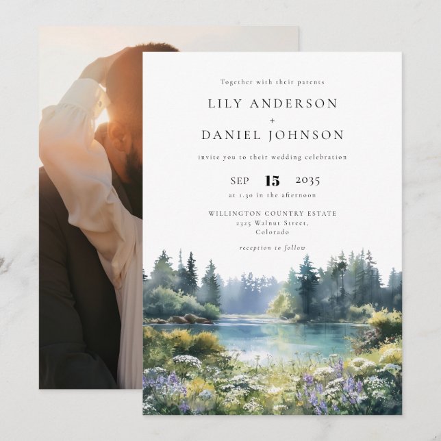 Forest Lakeside Wildflowers Floral Photo Wedding Invitation (Front/Back)